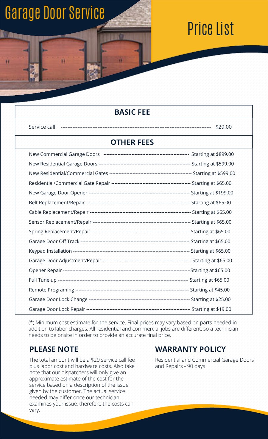 Price List USA Garage Doors Service - Pric GDr 07m